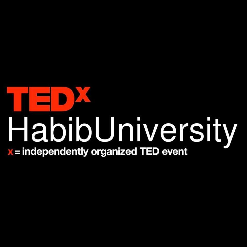 Habib University logo and TEDx Logo on black background
