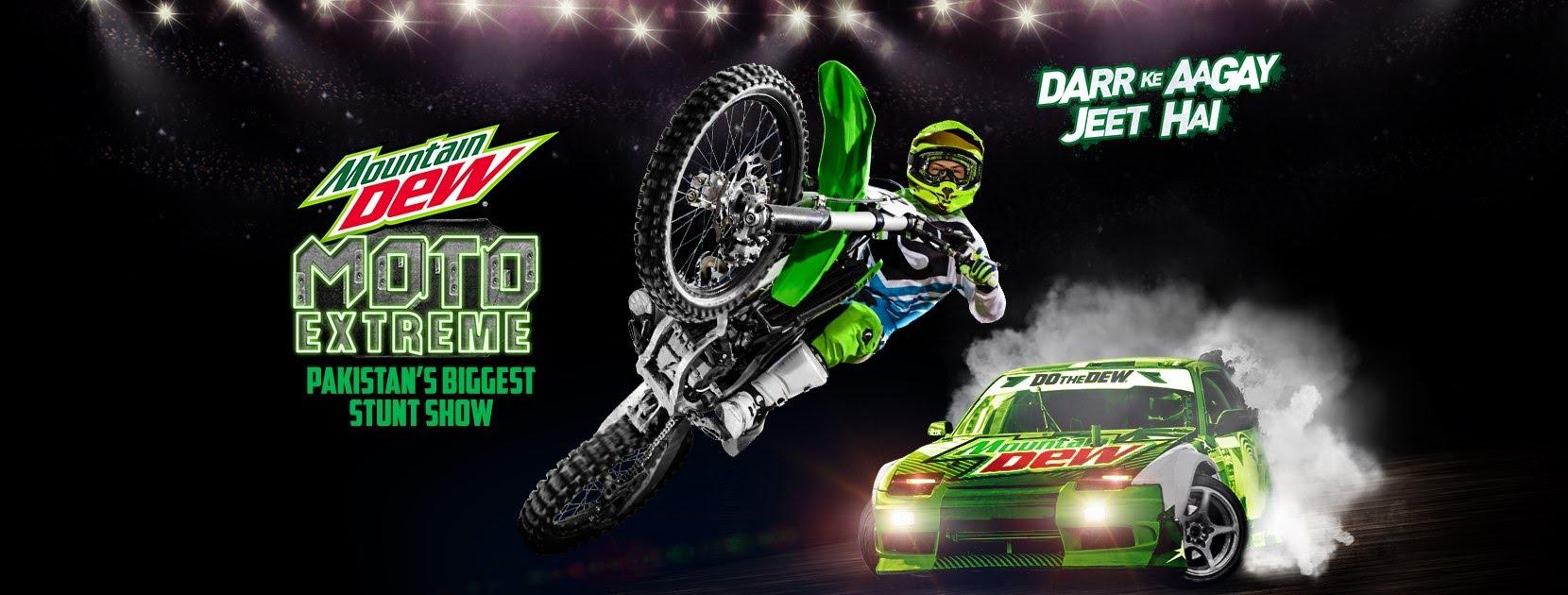 cover photo with sports car, stuntman on bike, and Mountain Dew Event logo