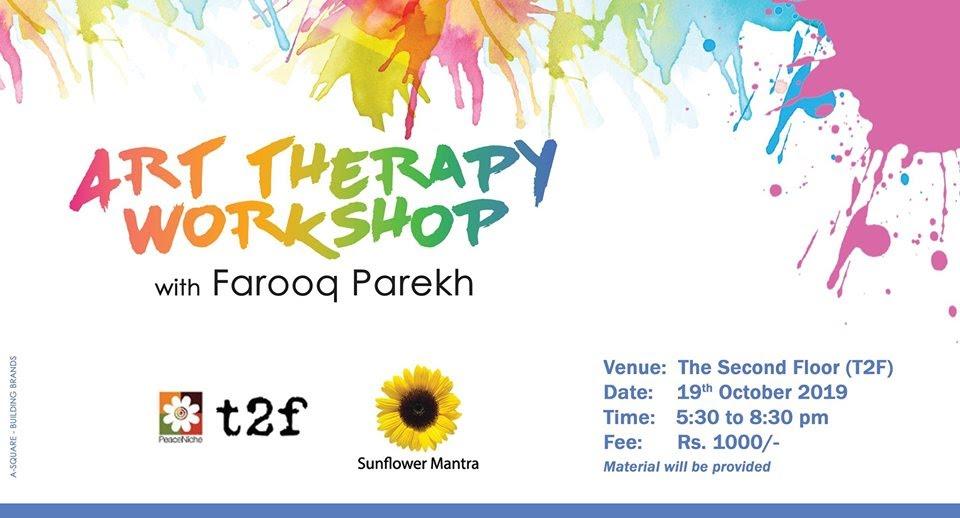 picture with paint patches, sunflower, t2f logo and “art therapy workshop” written in multi-colors
